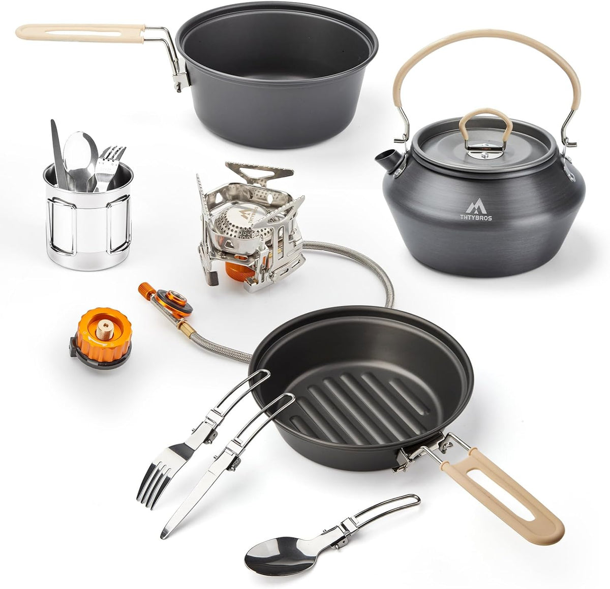 THTYBROS 27pcs Camping Cooking Set for 2-4 People, Portable Cookware Set with Kettle, Pots & Pans, Stainless Steel Utensils, Plates, Dishware for Backpacking, Picnic, Outdoor Adventures
