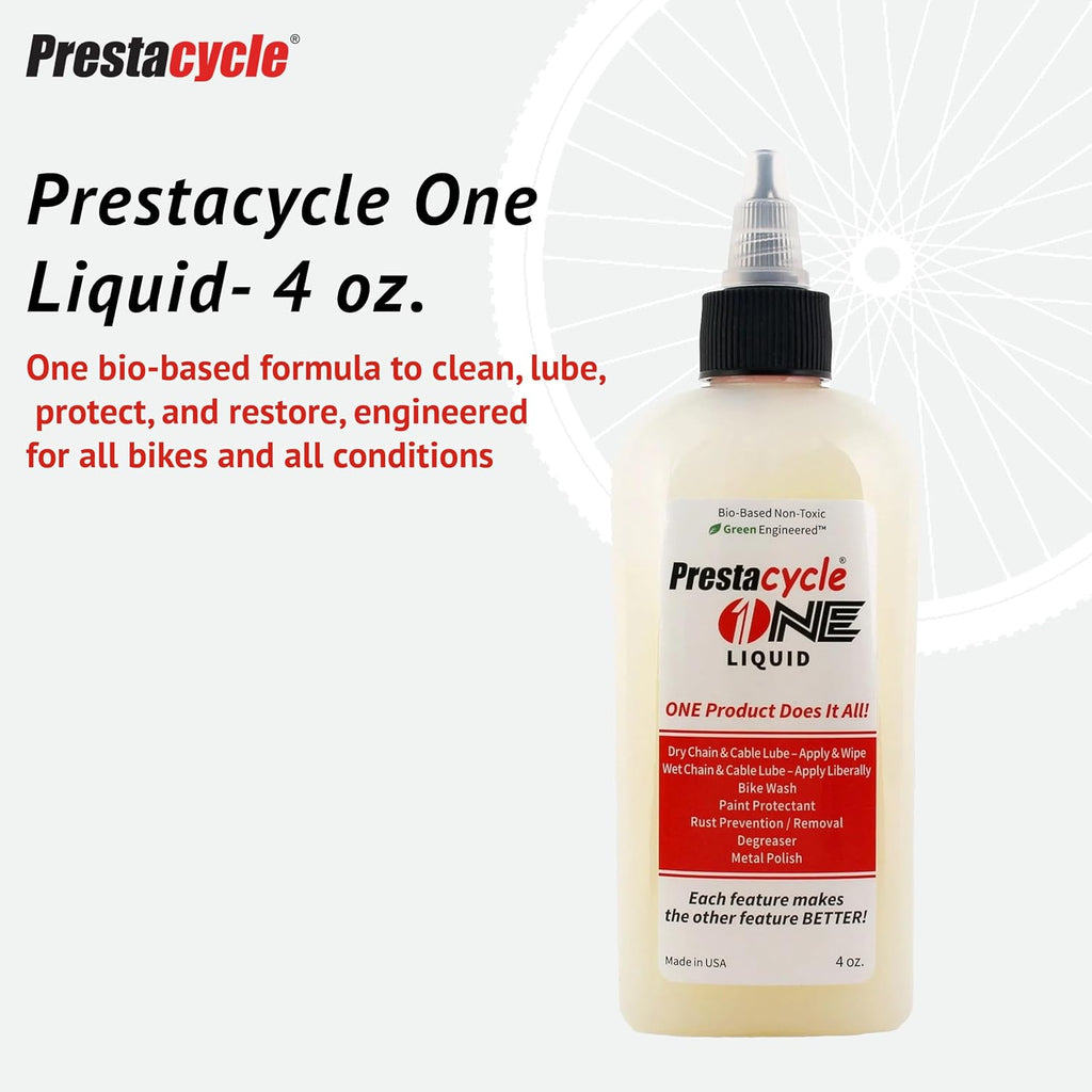 Prestacycle One Liquid, Bike Chain Lubricant and Cleaner, All-in-One Bicycle Lube, Degreaser, Paint Protectant, Metal Polish & Rust Remover, Without Alcohol or Petroleum