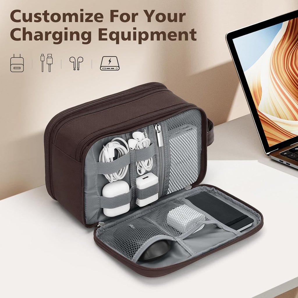 Wedama Toiletry Bag for Men, Medium Hanging Travel Toiletry Bag, Extra Electronic Organizer Bag Waterproof Shaving Bag for Toiletries with PU Handle for Travel Business Trips Swim Camping, Brown