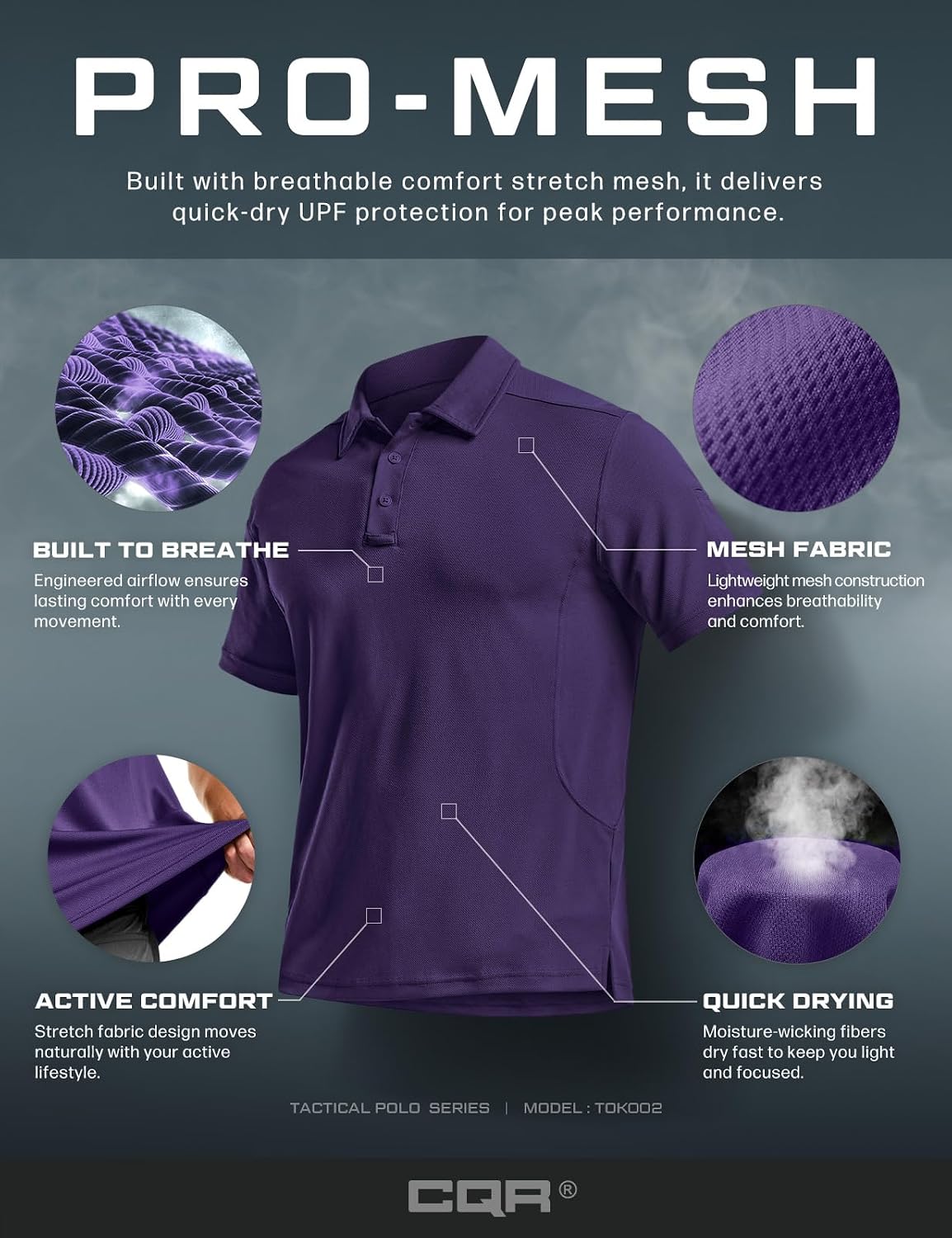 CQR Men's Quick Dry Tactical Polo Shirt, Lightweight Breathable Performance Polo, Short Sleeve UPF 50+ Outdoor Golf Shirt