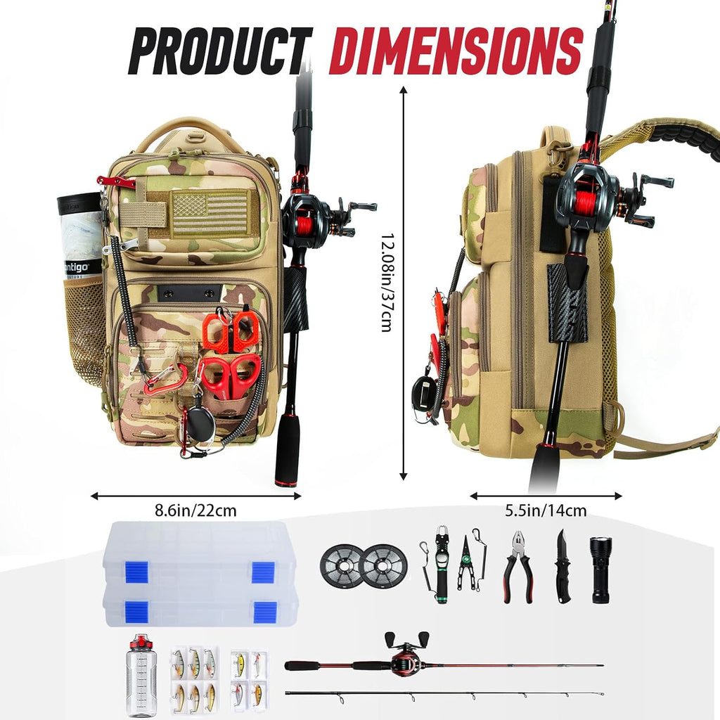 Fishing Sling Bag with Tackle Box, MOLLE System Fishing Backpack with Fishing Lures Kit, Fish Hook Remover Tool, Fish Lip Gripper, Fishing Plier & Accessories, Fishing Gear Gift for Men, Khaki