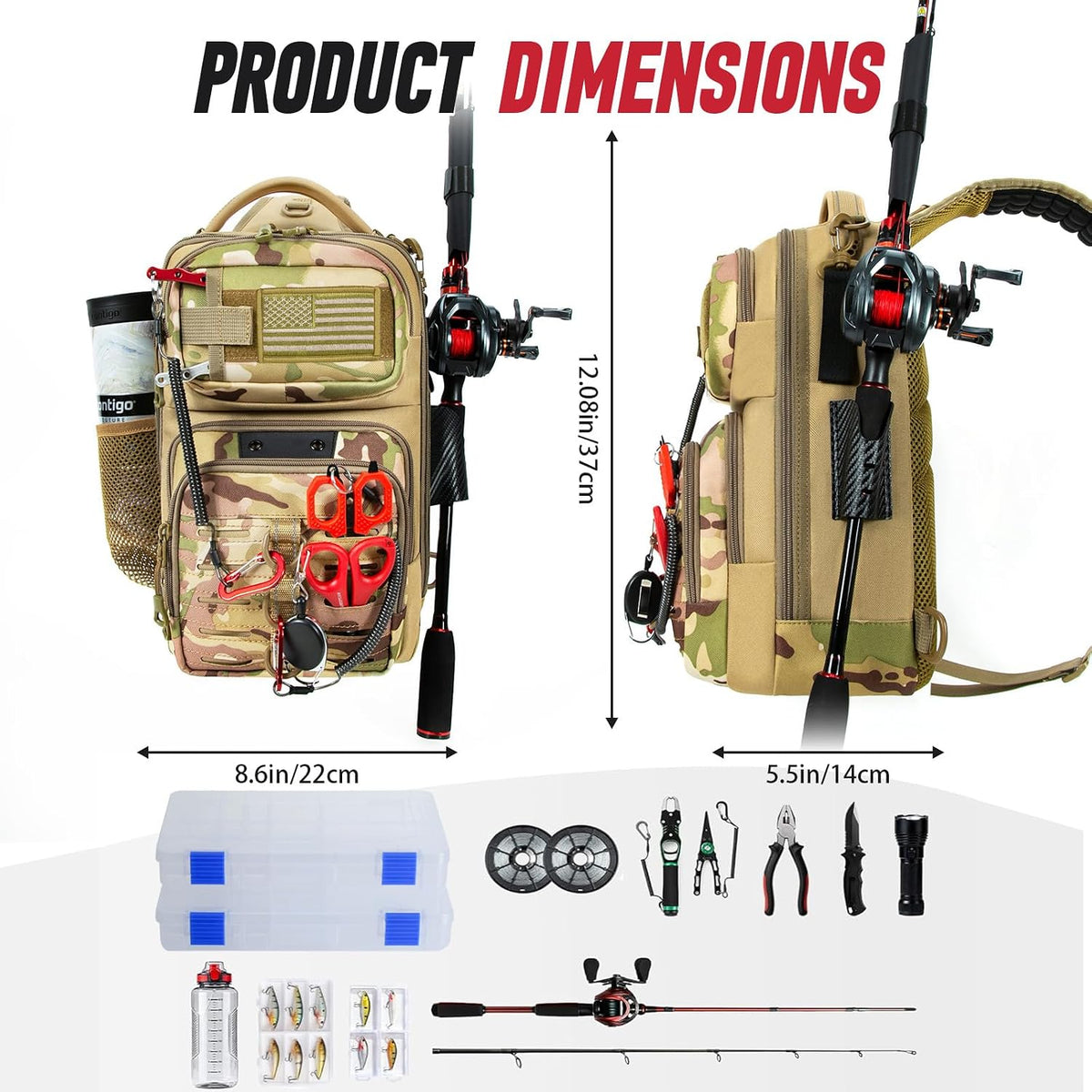 Fishing Sling Bag with Tackle Box, MOLLE System Fishing Backpack with Fishing Lures Kit, Fish Hook Remover Tool, Fish Lip Gripper, Fishing Plier & Accessories, Fishing Gear Gift for Men, Khaki