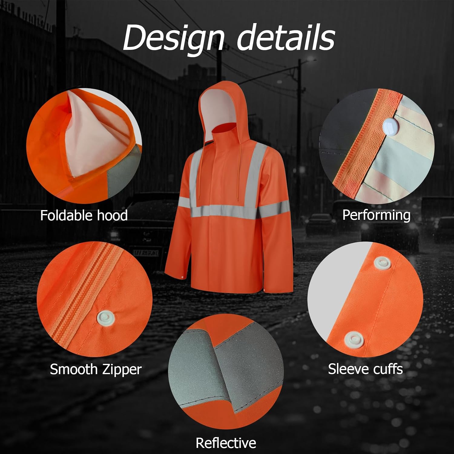 Hi Vis Rain Jacket Rain Suits for Men, High Visibility Waterproof Rain Coat with Hood, Class 3 Lightweight High Vis Rain Gear for Outdoor Activities& Safety Work, Men Women, Orange T, L-XL