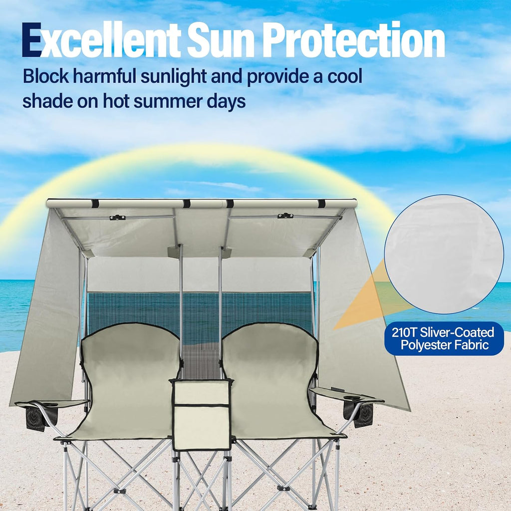 Double Beach Chair with Canopy Shade,Heavy Duty Camping Chair for Aduls,Folding Beach Chair with Cup Holder Cooler Bag for Sports Beach Outside（White）