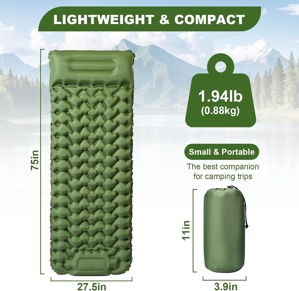 Sleeping Pad,Inflatable Camping Mat with Pillow & Foot Pump-Green