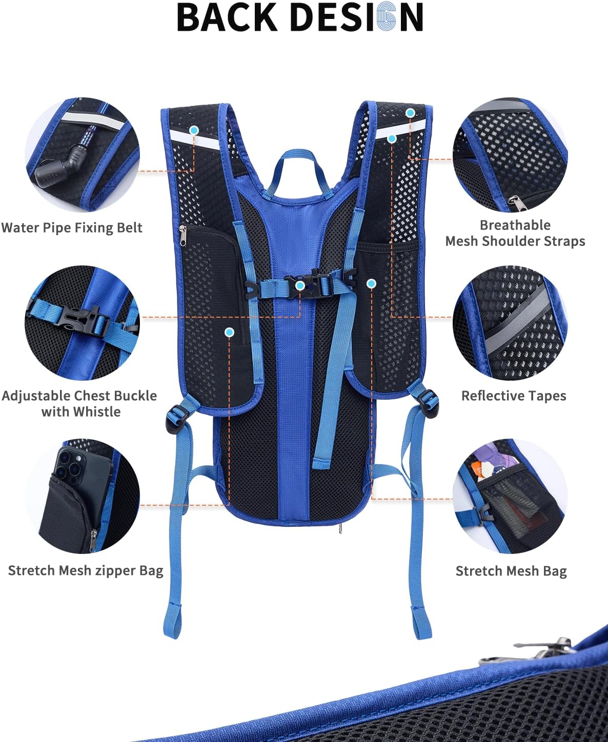 Blue Quartz Hydration Backpack with 2L Water Bladder, Hiking Water Pack with Insulated Compartment for Women Men, Lightweight Cycling Daypack with Phone Pocket, Hydration Pack for Running,Biking