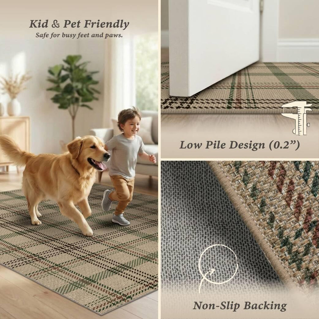 JTJ Easy Jute Outdoor Rug 3x5, Washable Farmhouse Plaid for Front Porch and Entryway, Non Slip Mat for Kitchen, Mudroom and Indoor Spaces, Sage Green