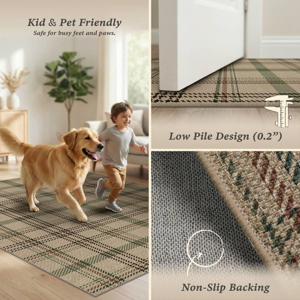JTJ Easy Jute Outdoor Rug 3x5, Washable Farmhouse Plaid for Front Porch and Entryway, Non Slip Mat for Kitchen, Mudroom and Indoor Spaces, Sage Green