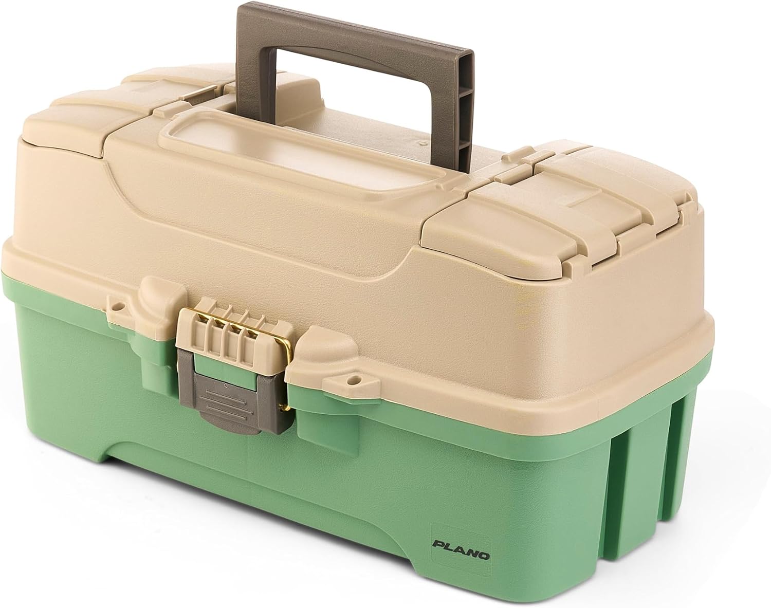 Plano Three-Tray Tackle Box Catfish Kit, Green/Tan, Rust-Proof Brass Latch, Top-Access Tray Compartments with Deep Storage, Made in the USA, Portable Fishing Gear Storage Organizer