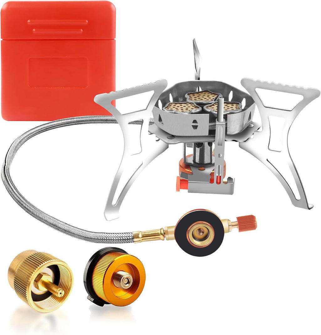 6800W Camping Stove with Fuel Canister Adapter, Portable Backpacking Gas Stove with Piezo Ignition, 1LB Propane Tank, Butane Adapter for Outdoor Cooking, Picnic, Camping and Hiking