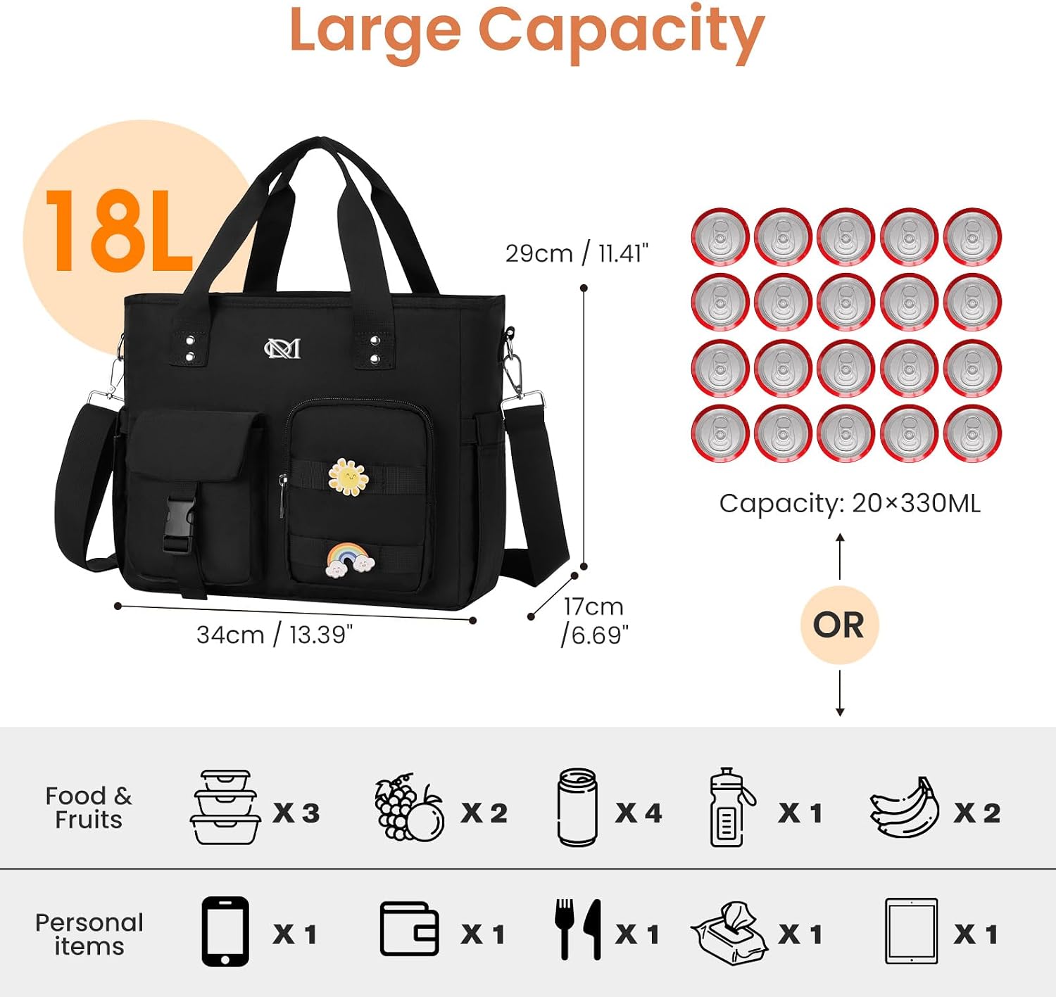 Large Insulated Lunch Bag for Women Men,Leakproof Reusable Lunch Tote with Shoulder Strap, Multi-Pocket Cooler Bag for Work, School, Picnic, Hiking, Beach, Camping, Black