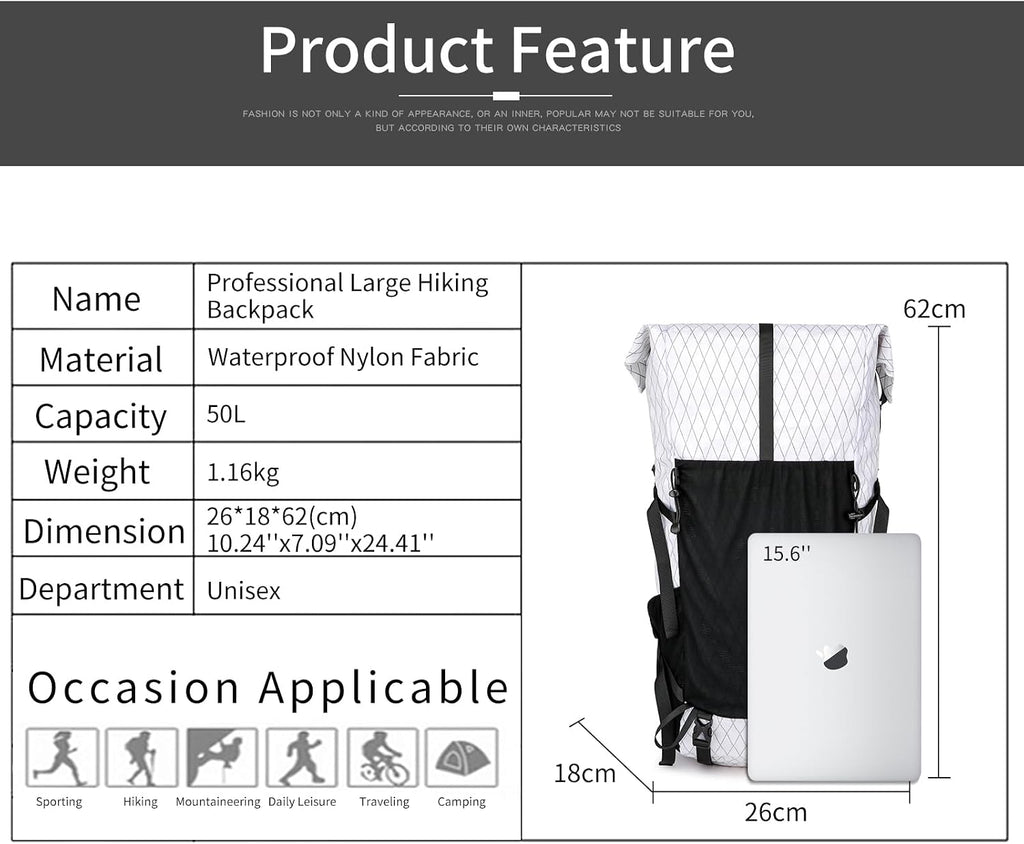 Hiking Backpack,40L to 50L Extra Large Capacity Hiking Bag,Internal Frame Camping Backpack,Upgraded X-PAC Lightweight Sport Daypack Travel Backpack Fit For Mountain Climbing Camping(White)