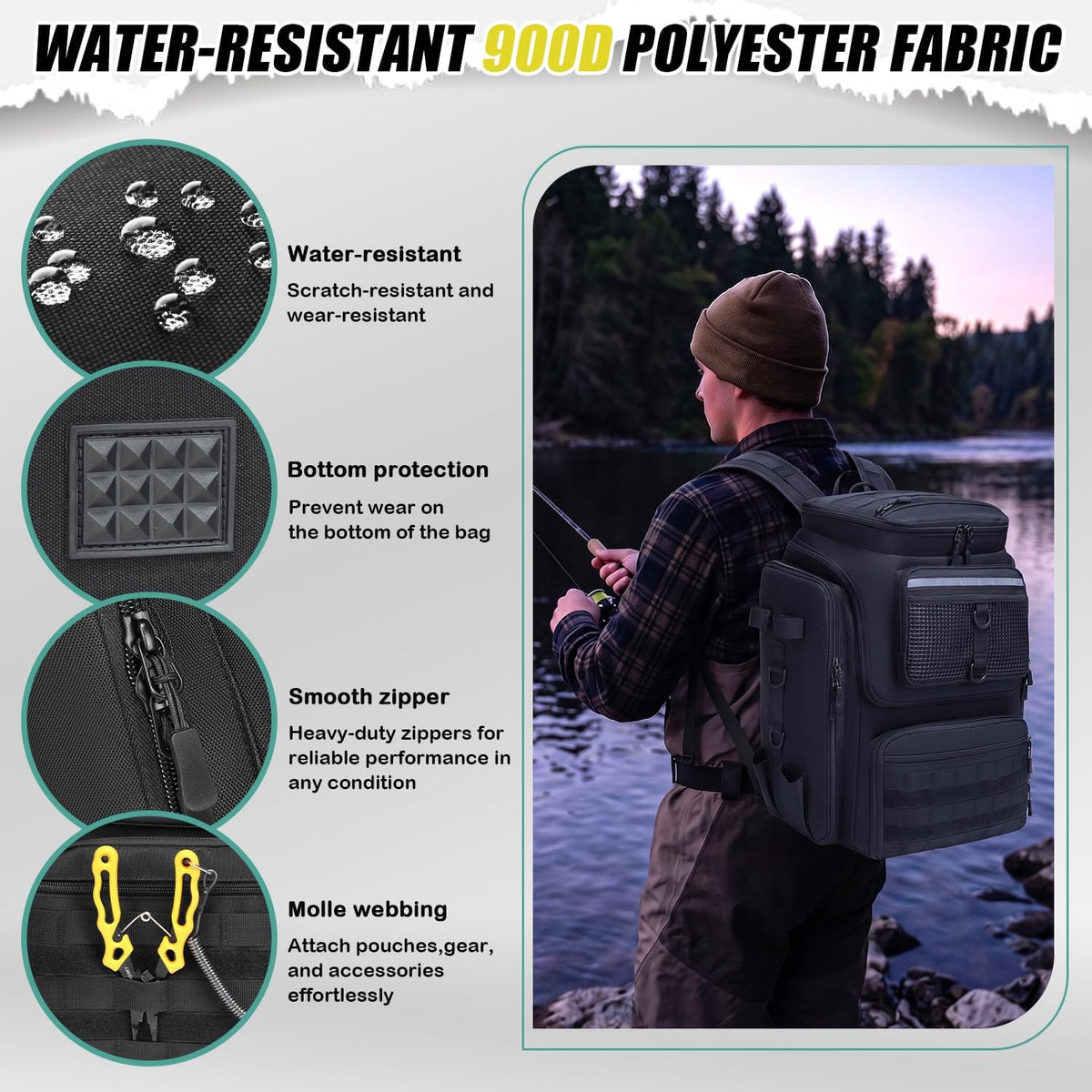 HAMBOLY 45L Fishing Backpack with Rod Holders & Built-in Foldable Divider