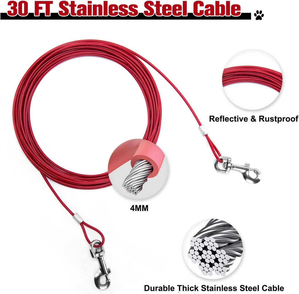 Dog Tie Out Cable and Stake 30 ft Outdoor, Yard and Camping, for Small to Medium Dogs Up to 60 lbs, 16" Stake, 30 ft Cable Runner for Yard