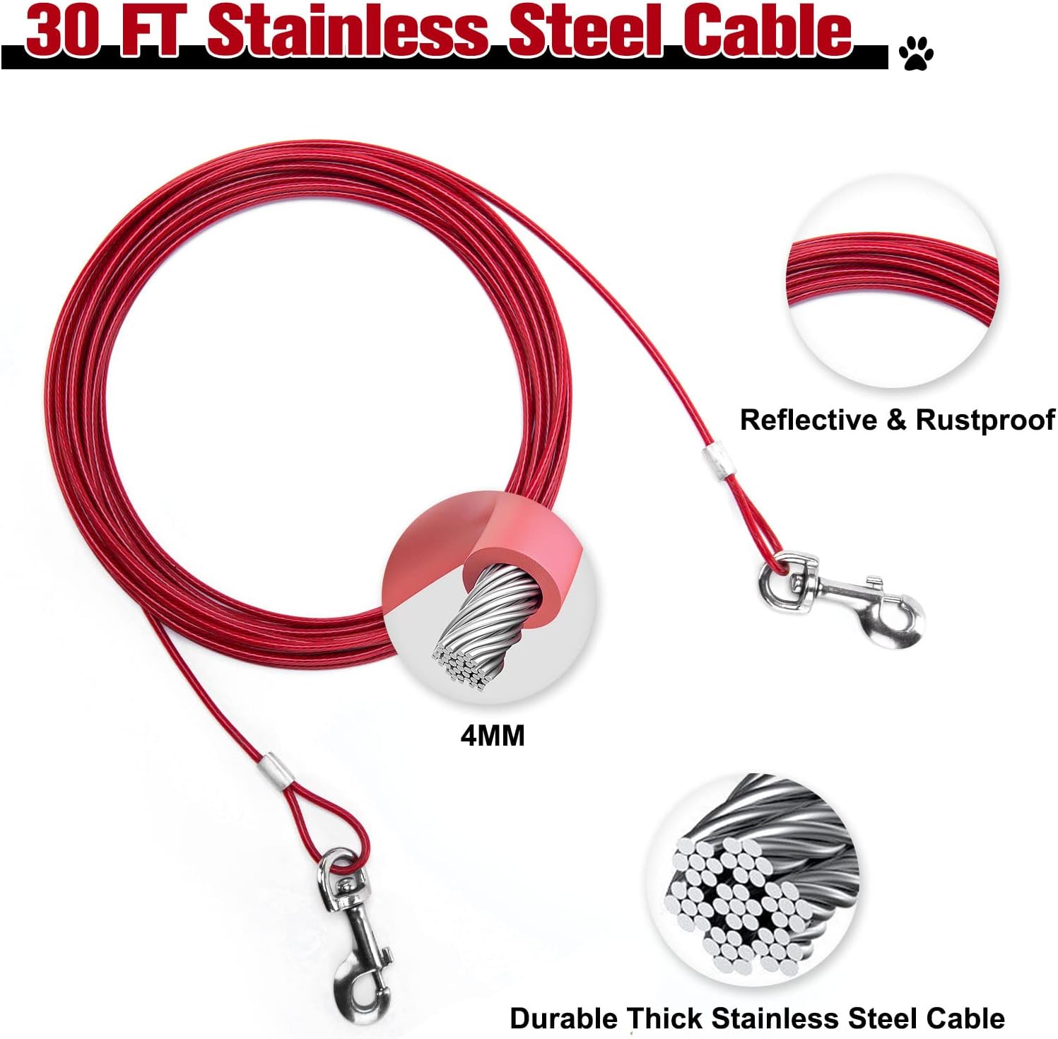 Dog Tie Out Cable and Stake 30 ft Outdoor, Yard and Camping, for Small to Medium Dogs Up to 60 lbs, 16" Stake, 30 ft Cable Runner for Yard