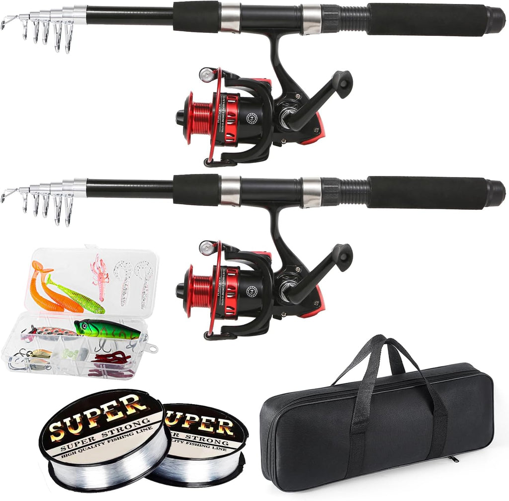 Tripquips Fishing Rod, 6.9ft 2Pcs Telescopic Fishing Rods Set, Carbon Fiber Fishing Pole, 2PCS Spinning Rod and Reel Combo with Carrier Bag Freshwater Fishing Rod and Reel Combos Kits Fishing Gear-Red