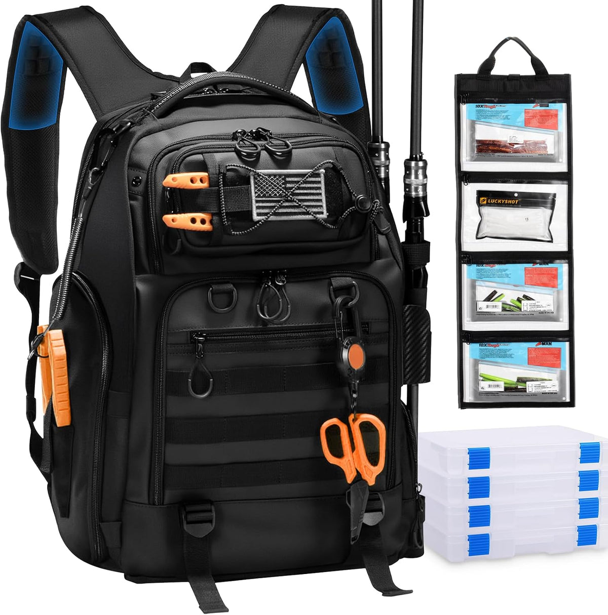 50L Fishing Backpack with 4 Tackle Boxes, Comfortable Straps