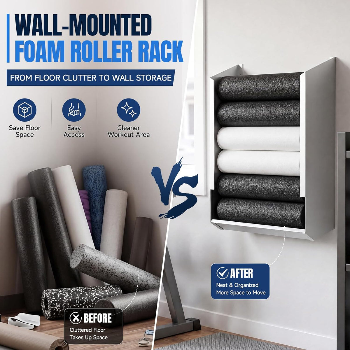 Zonon Wall Mounted Foam Roller Holder, Storage Rack Holds 4-6 Rollers Heavy Duty Meta Wall Organizer Home Gym, Gym, Workout Room