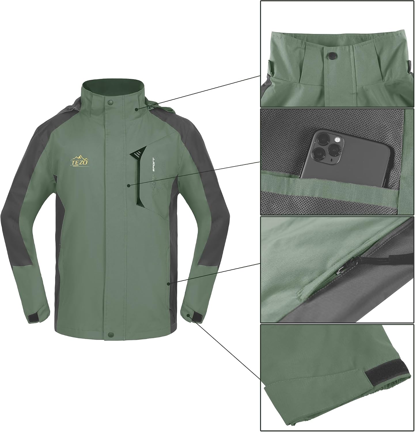 TEZO Mens Rain Jacket Waterproof with Hooded Hiking Coat Lightweight Windbreaker