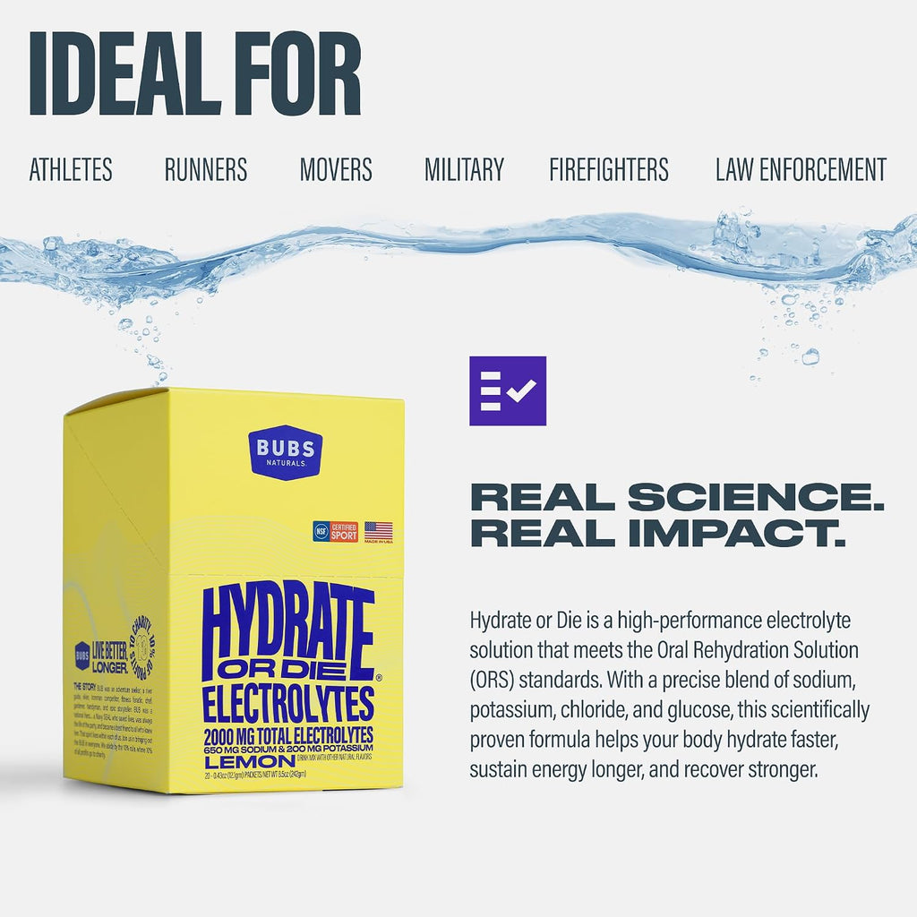 BUBS Naturals - Hydrate or Die Electrolytes Powder Packets for Fast Absorption | Premium 2000mg Electrolyte Powder | for Sports, Recovery & Well-Being (Natural Lemon Flavor, 20 Sticks)