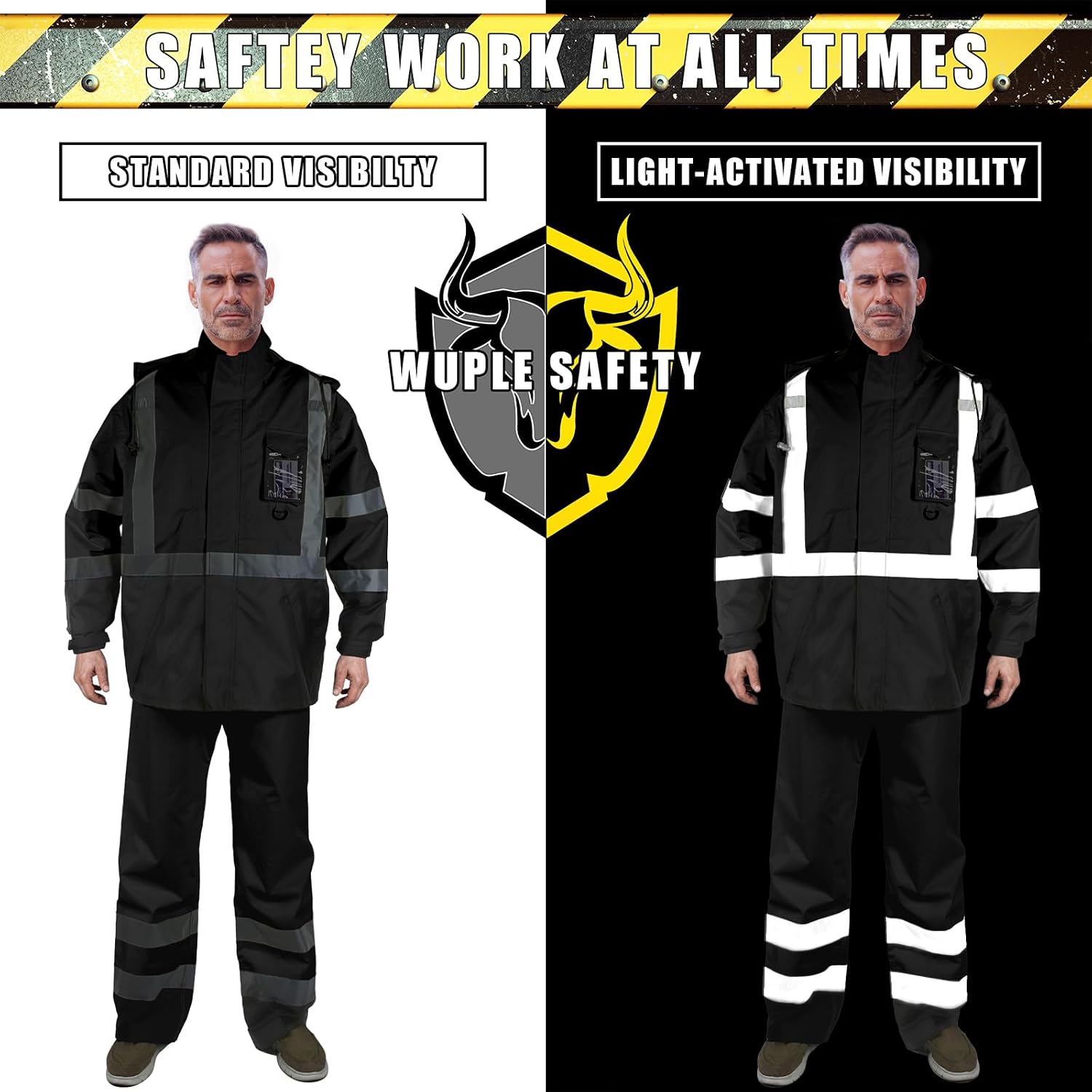 Hi-Vis Reflective Safety Rain Jacket and Pants for Men Women Waterproof Rain Gears with Inner Mesh Lining and pocket，Black 4XL/5XL