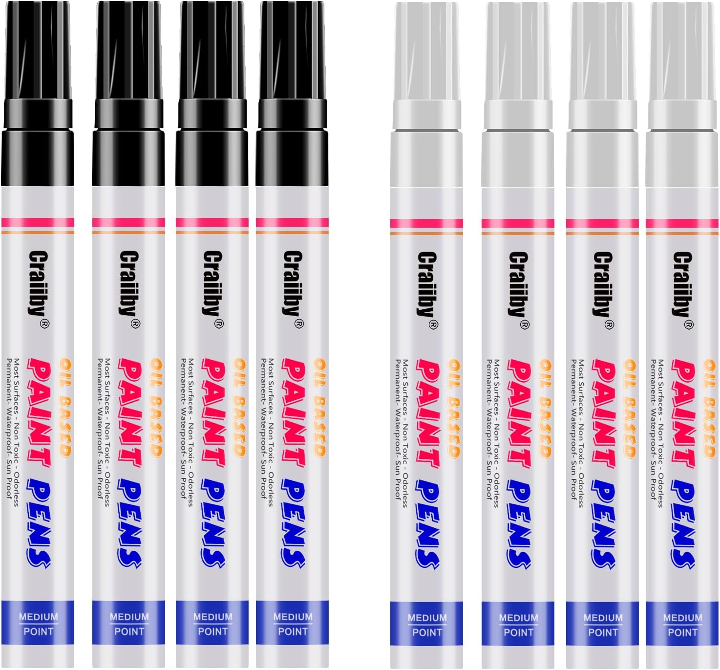 White & Black Paint Markers, 8 Pack Oil-Based Waterproof Quick Dry and Permanent Paint Pen Set for Rocks Painting, Wood, Plastic, Canvas, Glass, Mugs, Metal, Tire, Stone, DIY Craft