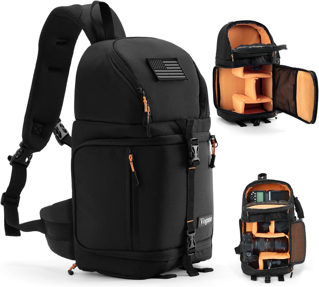 Vogano Camera Sling Bag for Photographers - Waterproof Single-Shoulder Camera Case with Adjustable Dividers, Rain Cover & Side Tripod Pocket