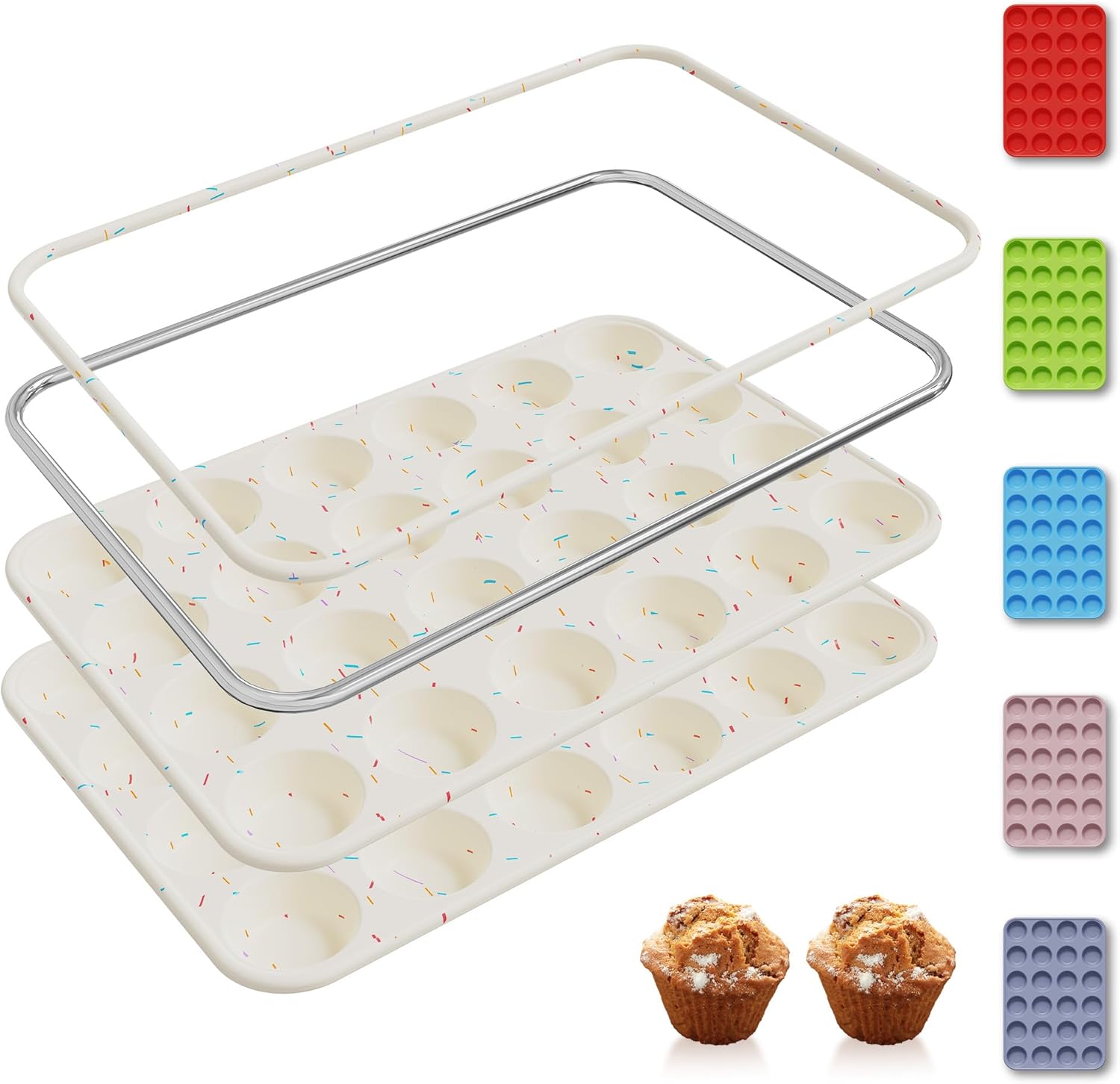 Socisen 2 Pack 24 Cups Silicone Mini Muffin Pan with Metal Reinforced Frame Silicone Molds Cupcake Cake Baking Cheesecake Pans Cookie Baking Chocoflan Cupcake Mold Mini Bundt Cake Pan Women Gift