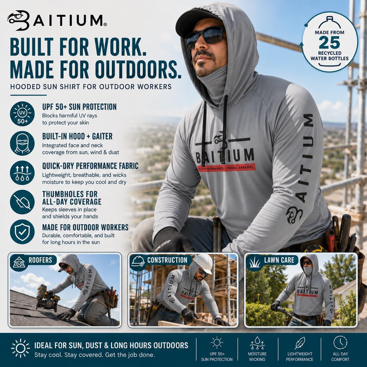 Fishing Shirts for Men,UPF50 Hooded Long Sleeve with Gaiter, Sun Protection Dry Fit Apparel, Face Mask, Fishing Clothes