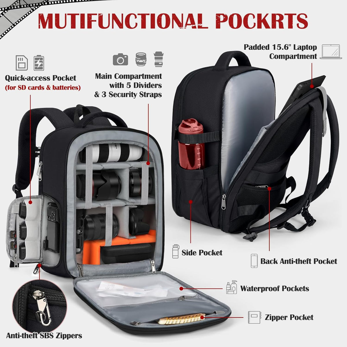 SDYSM Camera Backpack, Hardshell DSLR/SLR Camera Bag with Lens Pouch & 15.6" Laptop Compartment Waterproof Camera Case with Rain Cover Photography Backpack Compatible for Canon/Nikon/Sony/Drone Black