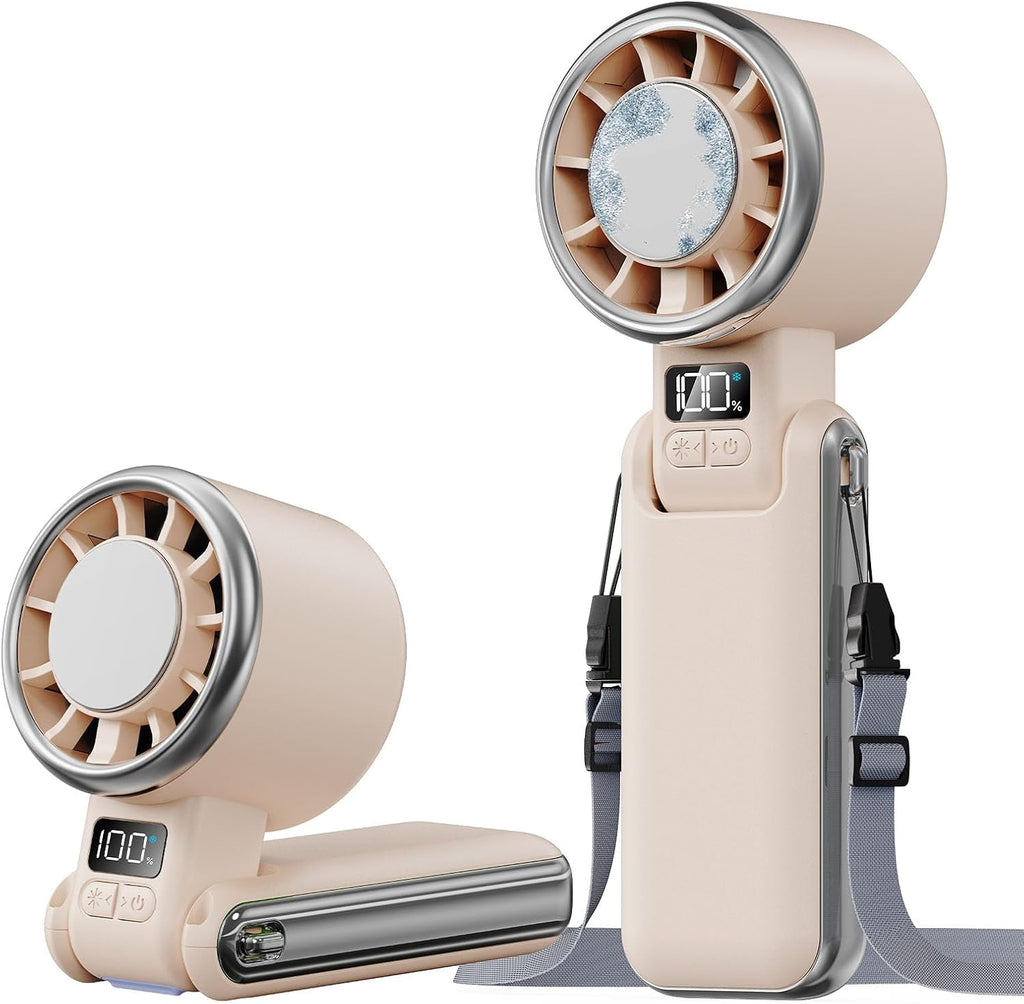 SHEWIND Portable Handheld Fan with Ice Cooling - 5 Gear High Speed Personal Turbo Fan Rechargeable, Up to 11 Hrs, Mini Hand Fans for Travel Essentials, Beach Vacation, Gifts for Women, Men (Cream)
