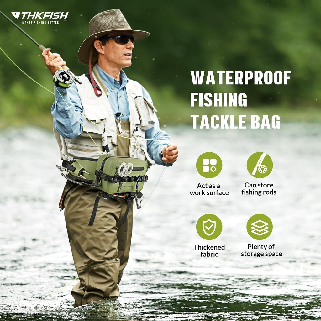 thkfish Waterproof Fishing Waist Pack，Fishing Tackle Bag Fanny Pack with Adjustable Strap Fishing Rod Holder,Airtight Zipper Closure,Lightweight Sling Fishing Waist Bag for Fly Fishing, Kayaking