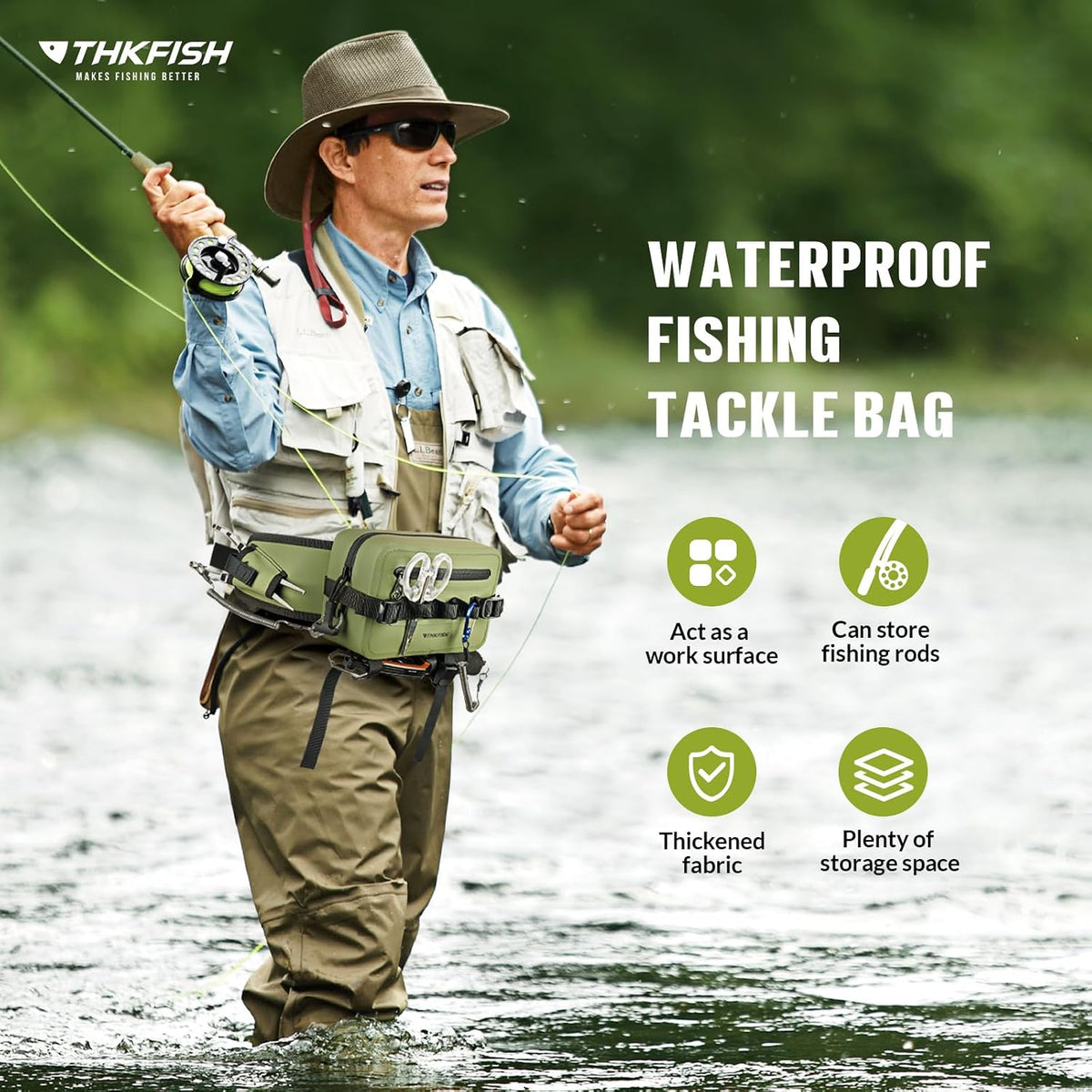 thkfish Waterproof Fishing Waist Pack，Fishing Tackle Bag Fanny Pack with Adjustable Strap Fishing Rod Holder,Airtight Zipper Closure,Lightweight Sling Fishing Waist Bag for Fly Fishing, Kayaking
