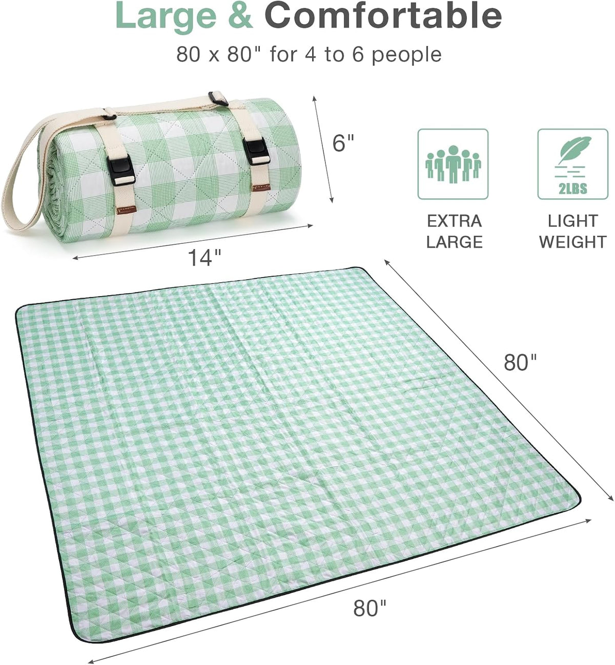 WILLOW WEAVE Large Picnic Blanket Waterproof,Outdoor Blanket - Green