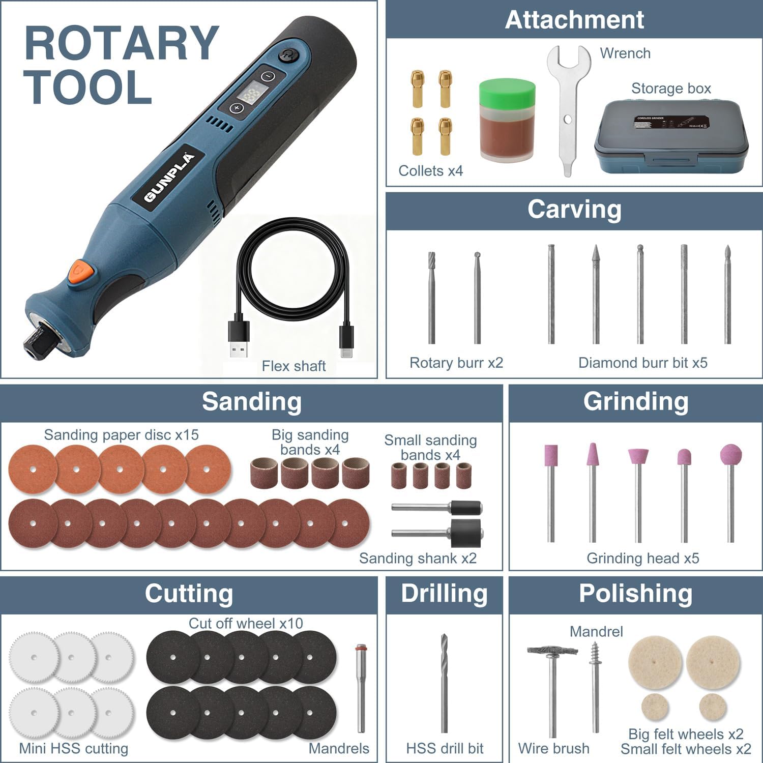 Gunpla Cordless Rotary Tool Kit,12 Speeds, 25000 PRM, Cordless Rotary Tool 66 Pcs Accessories Ring Light for Carving, Cutting, Drilling, Engraving, Sanding, Polishing and DIY Creations