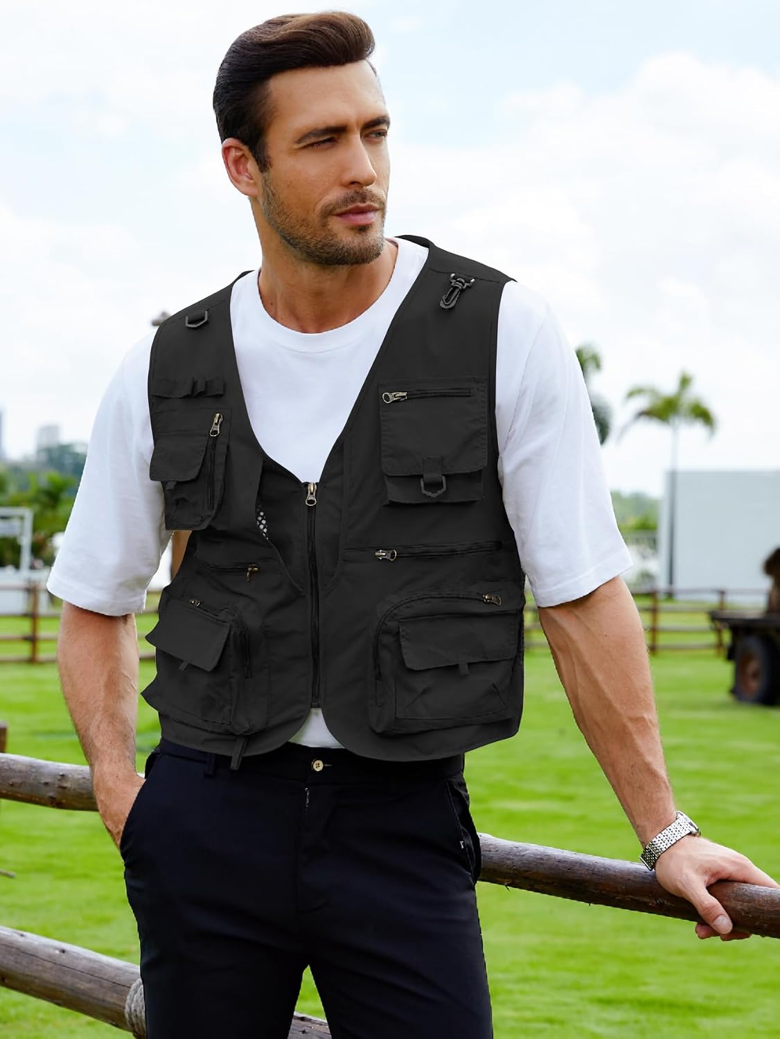 Gihuo Mens Fishing Vest Lightweight Utility Vests Cargo Outdoor Safari Travel Vest with Pockets