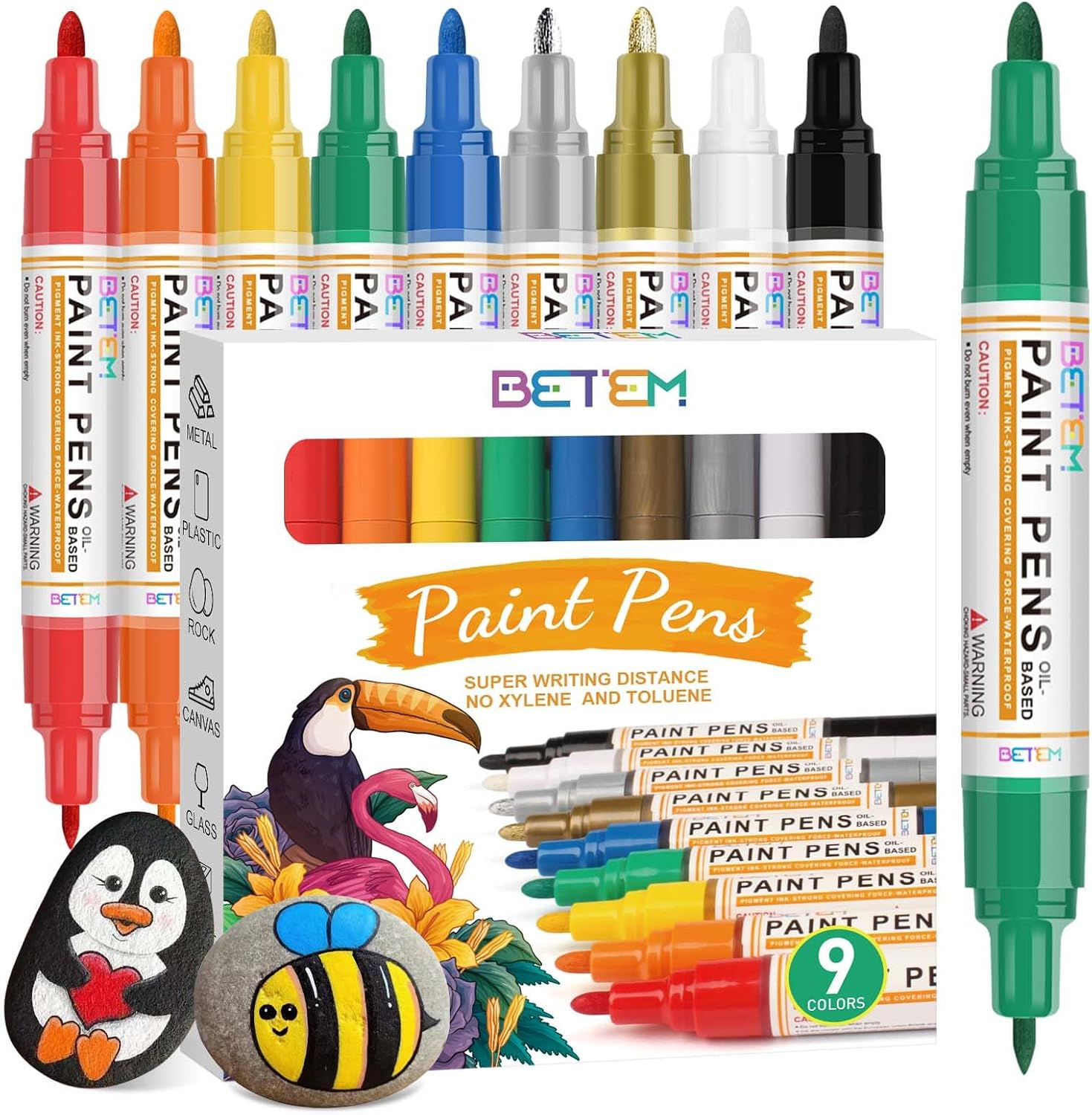 Betem 9 Count Oil Based Paint Pens, Dual Tip Permanent Fabric Paint Marker