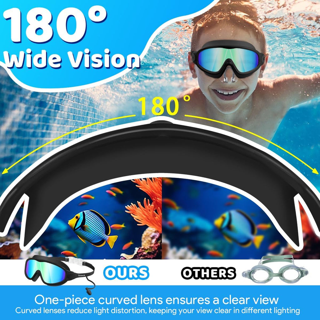 Kids Swim Goggles for 3-15, Kids Goggles with Earplugs& Nose Clip Wide View