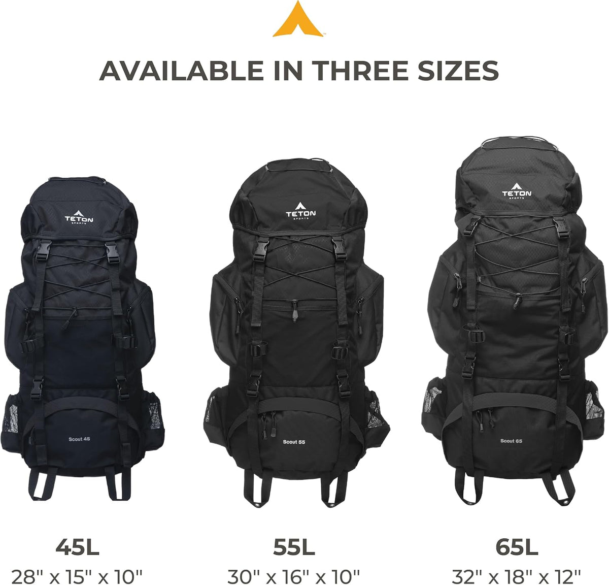 Teton 55L Scout Internal Frame Backpack for Hiking, Camping, Backpacking, Travel, Rain Cover Included, Black