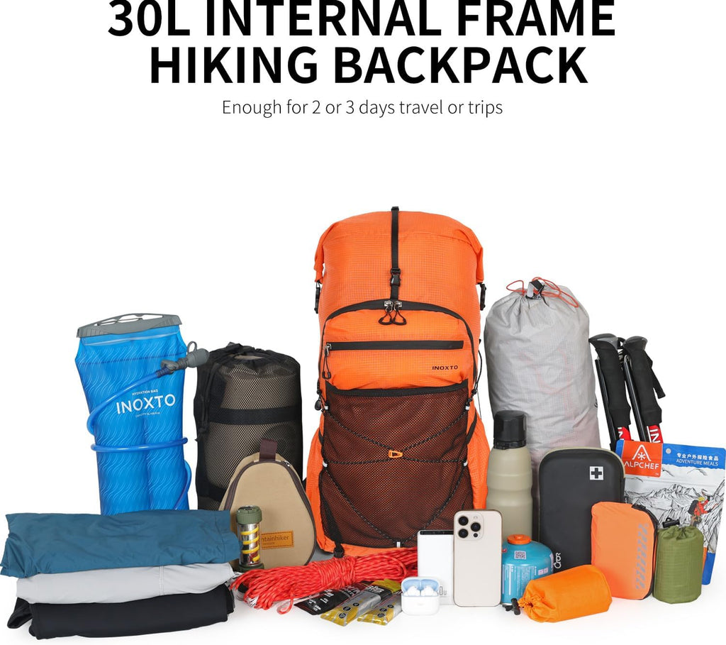 IX INOXTO Hiking Backpack for Men and Women, 30L Waterproof Camping Backpack with 3L Water Bladder and Rain Cover, Lightweight Outdoor Sport Travel Daypack Rucksack for Climbing Cycling (Orange)