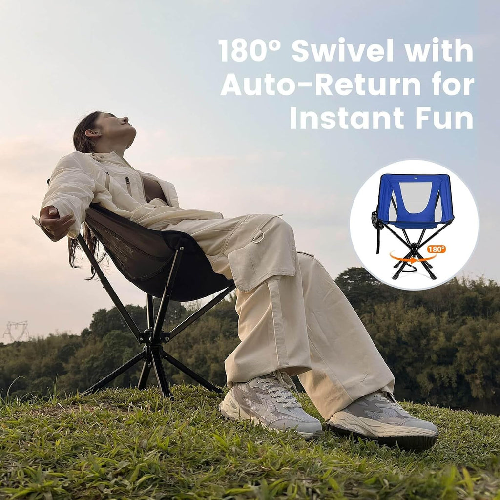 TCEK Portable Camping Chair - SwivelCore 180 Swivel & Auto-Return, Small Compact Lightweight Folding Chairs for Adults, Outdoor Backpack Chair for Adventures, Setup in Seconds, Support 300 LBS