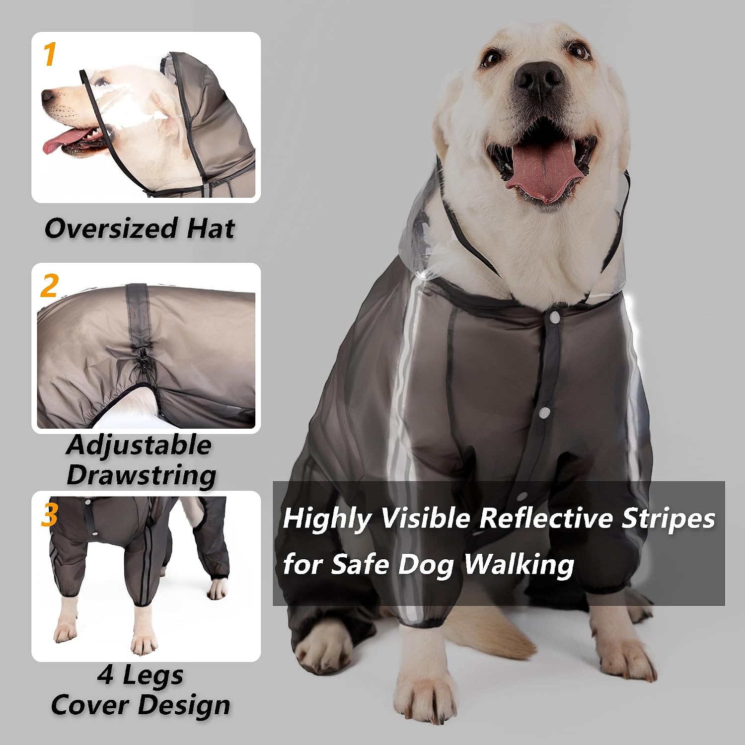 Olsa Dog Raincoat, Dog Hooded Slicker Poncho, 4 Legs Rain Jacket with Reflective Stripe, Transparent Water Proof Resistant Rain Snow Clothes for Small Medium Large (Black, 4XL)