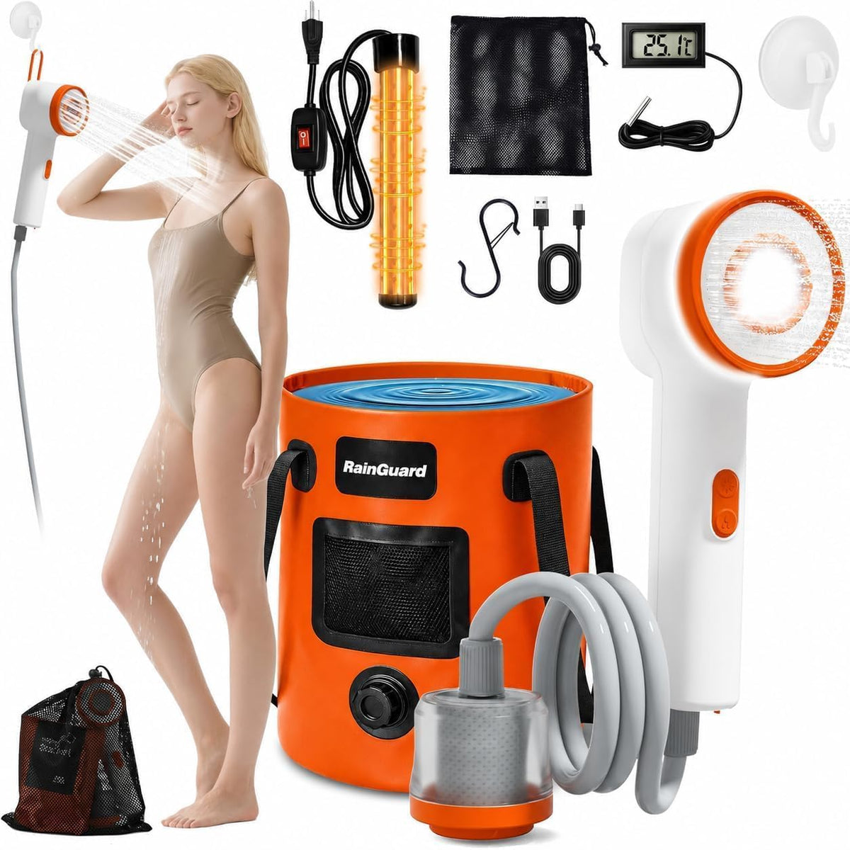 Portable Camping Shower, 6000mah Rechargeable Portable Shower Pump, Large Capacity Foldable Bucket, Filtered Shower Head, Outdoor Shower for Camping, Hiking, RV, Pet Bath, Car Wash, Water Plant