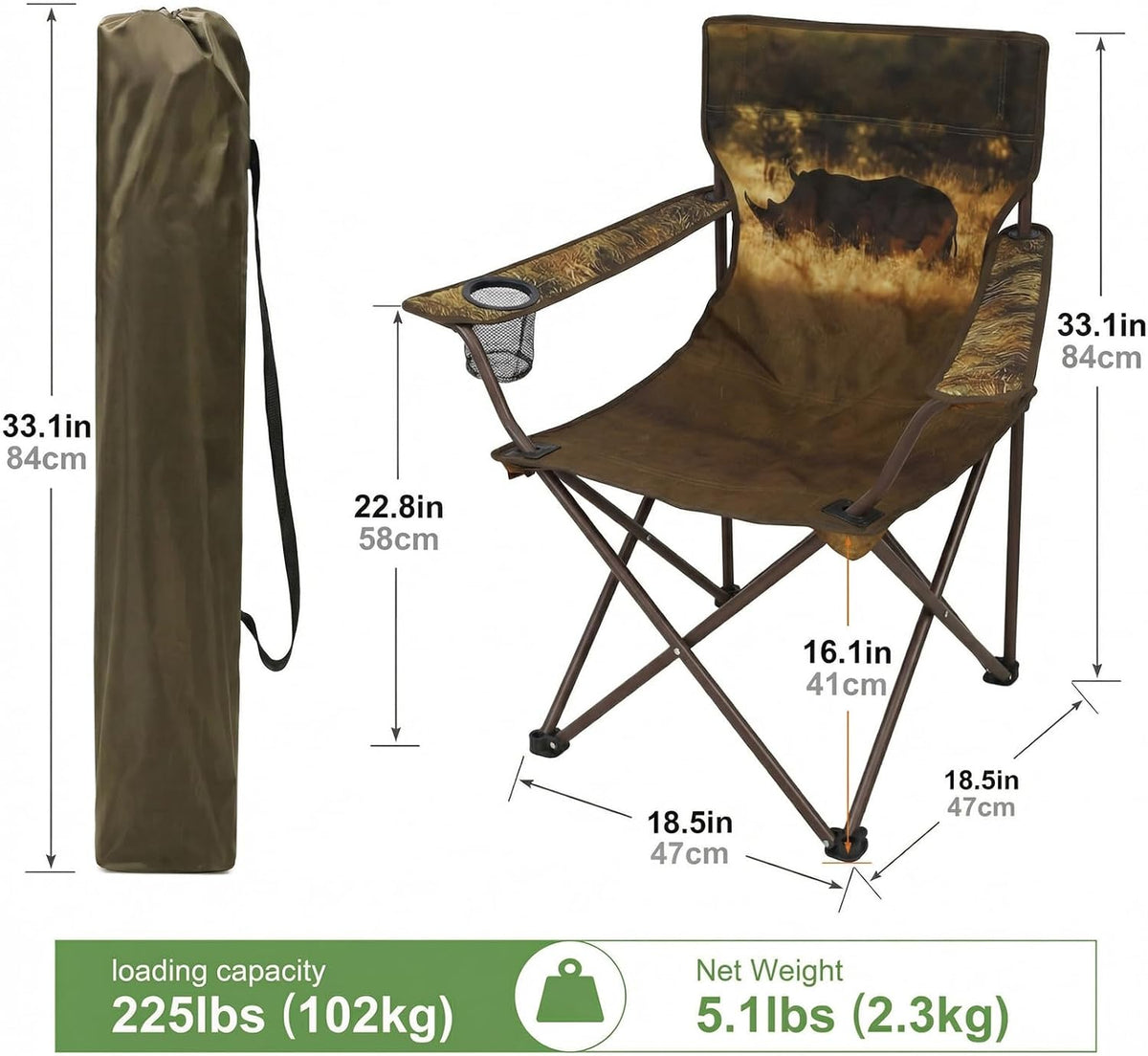 Camping Chairs 2 Pack with Animal Print,Folding Lawn Chair with Cup Holder & Carry Bag for Outdoor,Sports,Beach,Fishing,Sports