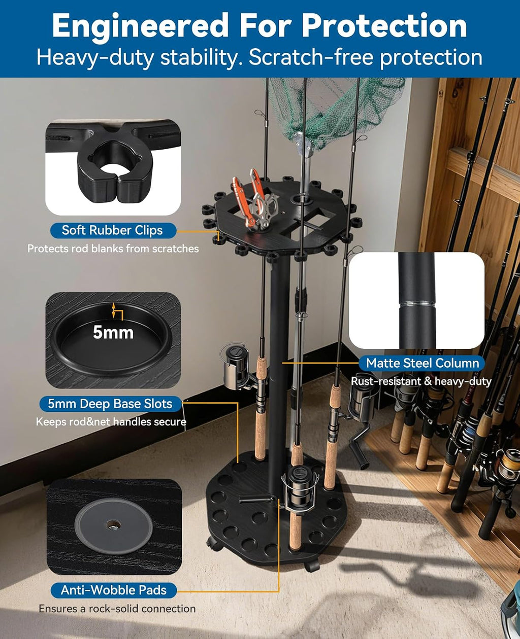 KEXMO Fishing Rod Holder Pole Rack for Garage with Wheels