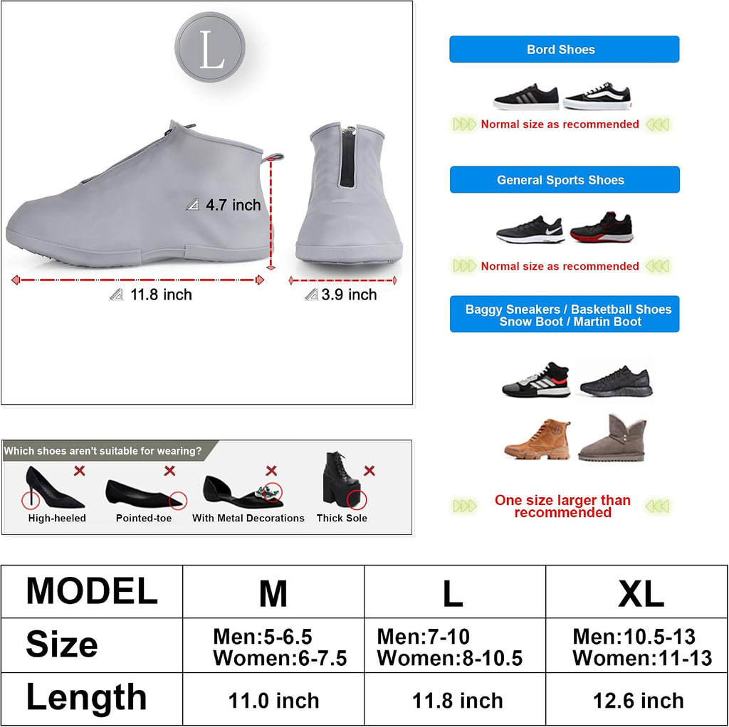 Waterproof Shoe Covers Slip-Resistant Overshoes Newly Upgraded and Latest Model for Men Women, Reusable Rain Boots for Outdoor, Cycling, Hiking, Work (Grey, L (Women 8-10.5, Men 7-10))