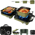 2 Burner Camping Stove with 2-In-1 Cookware Set, 24000 BTU Propane Gas Stove, Foldable Camp Stove with Frying Pan, Pot, Windshield & Carry Bag, Camping Essentials for Picnic, RV, Camp kitchen, Green