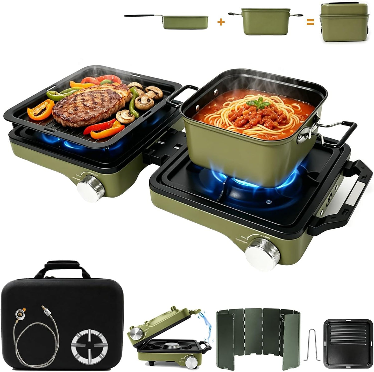 2 Burner Camping Stove with 2-In-1 Cookware Set, 24000 BTU Propane Gas Stove, Foldable Camp Stove with Frying Pan, Pot, Windshield & Carry Bag, Camping Essentials for Picnic, RV, Camp kitchen, Green