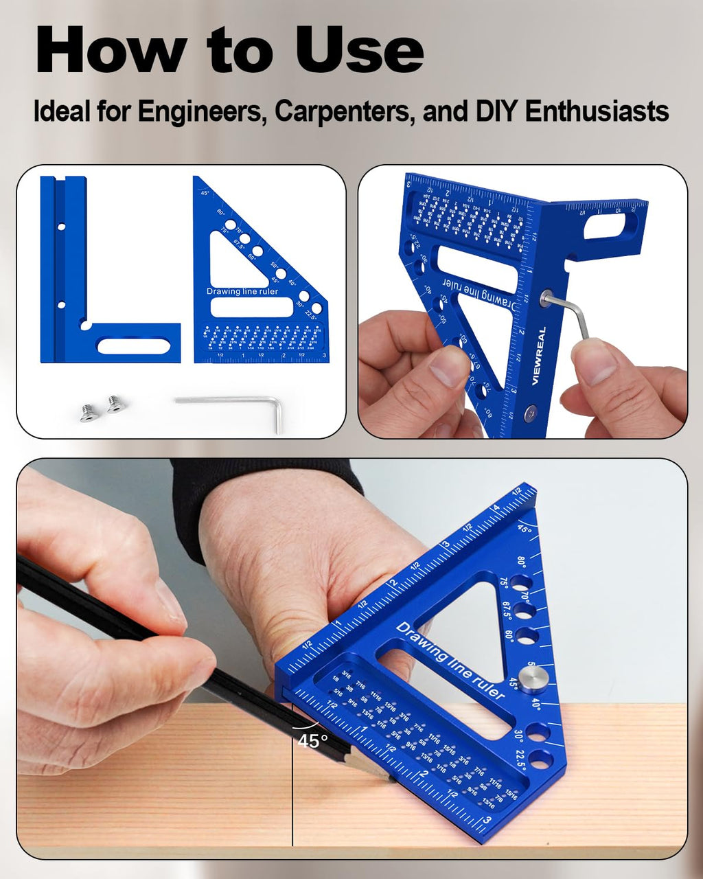 3D Multi-Angle Aluminum Alloy Woodworking Square Ruler, 22.5-90 Degree Protractor, High Precision Miter Triangle Ruler for Engineers, Carpenters, and Craftsmen
