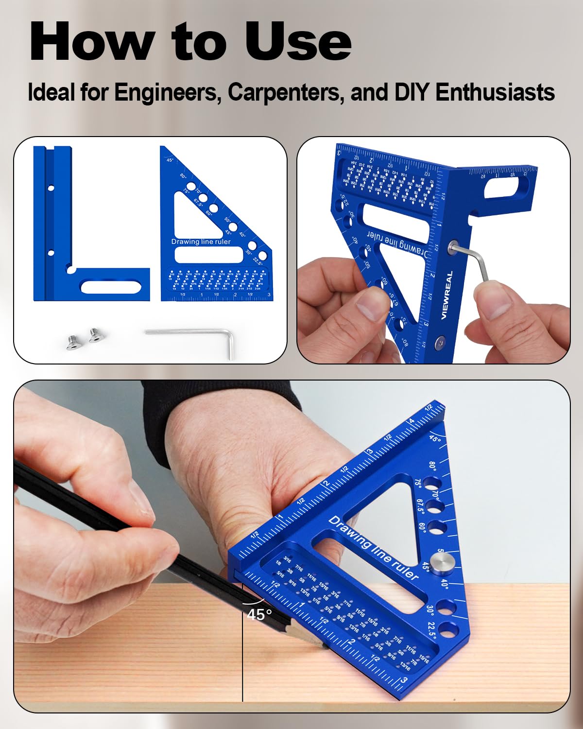 3D Multi-Angle Aluminum Alloy Woodworking Square Ruler, 22.5-90 Degree Protractor, High Precision Miter Triangle Ruler for Engineers, Carpenters, and Craftsmen